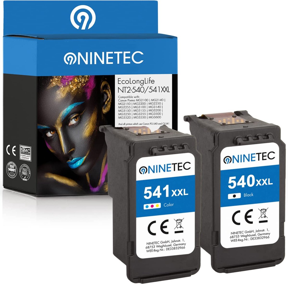 NINETEC EcoLonglife XXL 2-delige set cartridges compatibel met Canon PG-540XL CL-541XL PG540 CL541 Black 30 ml & Color 24 ml | 240% meer inhoud! | Canon Pixma MG 2100 MG 2140 MG 3100 MG 4150 MX 370 TS 5100000